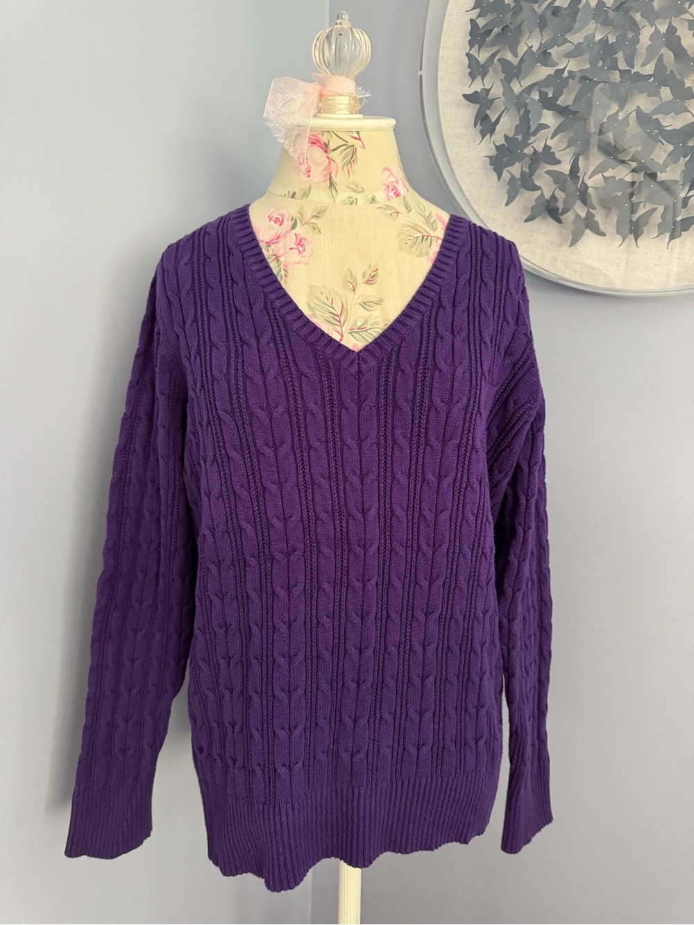 St. John's Bay Purple Cable Knit V-Neck Sweater